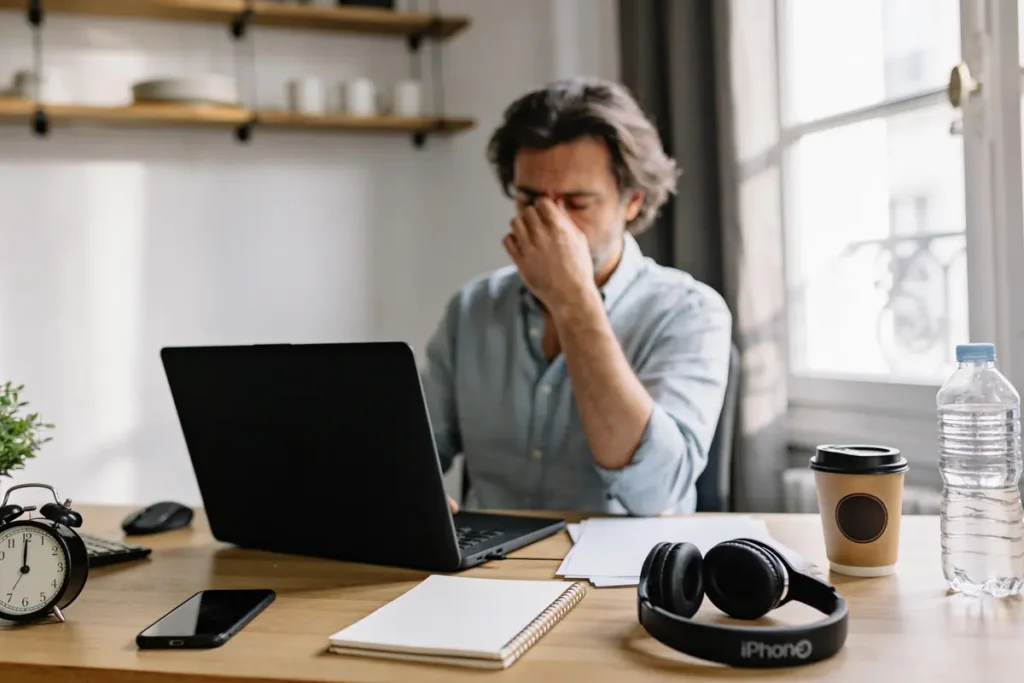 Un homme stressé travaille sur ordinateur, équipé d'écouteurs et boissons, bureau bien rangé.