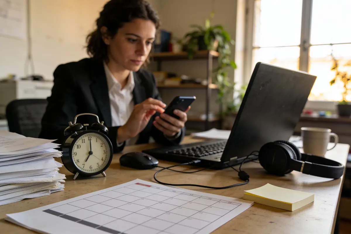 Femme travaillant dans un bureau, utilisant un téléphone, avec ordinateur, calendrier, réveil et documents.