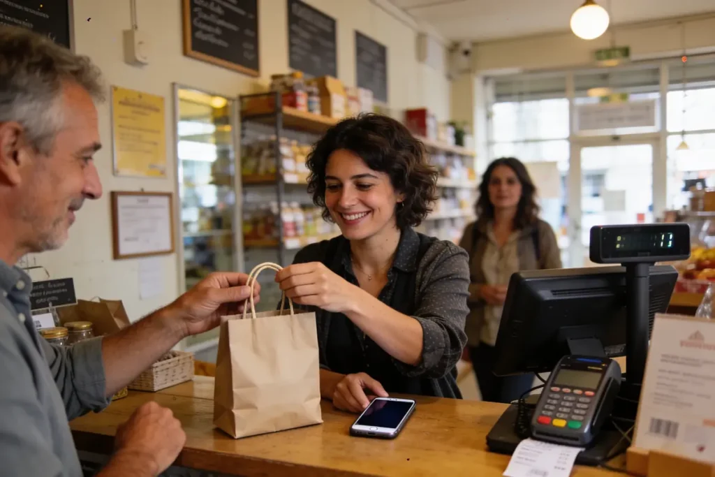 Une femme souriante remet un sac à un client dans une petite boutique accueillante.