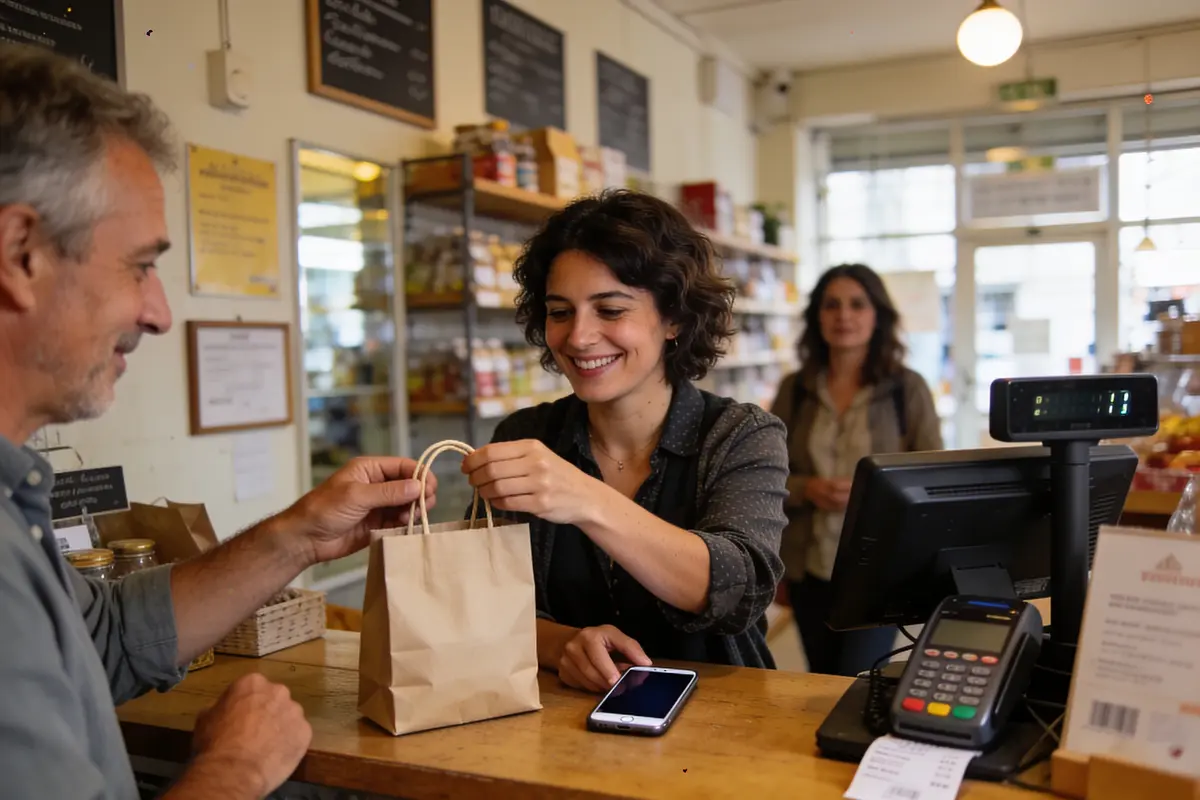 Une femme souriante remet un sac à un client dans une petite boutique accueillante.