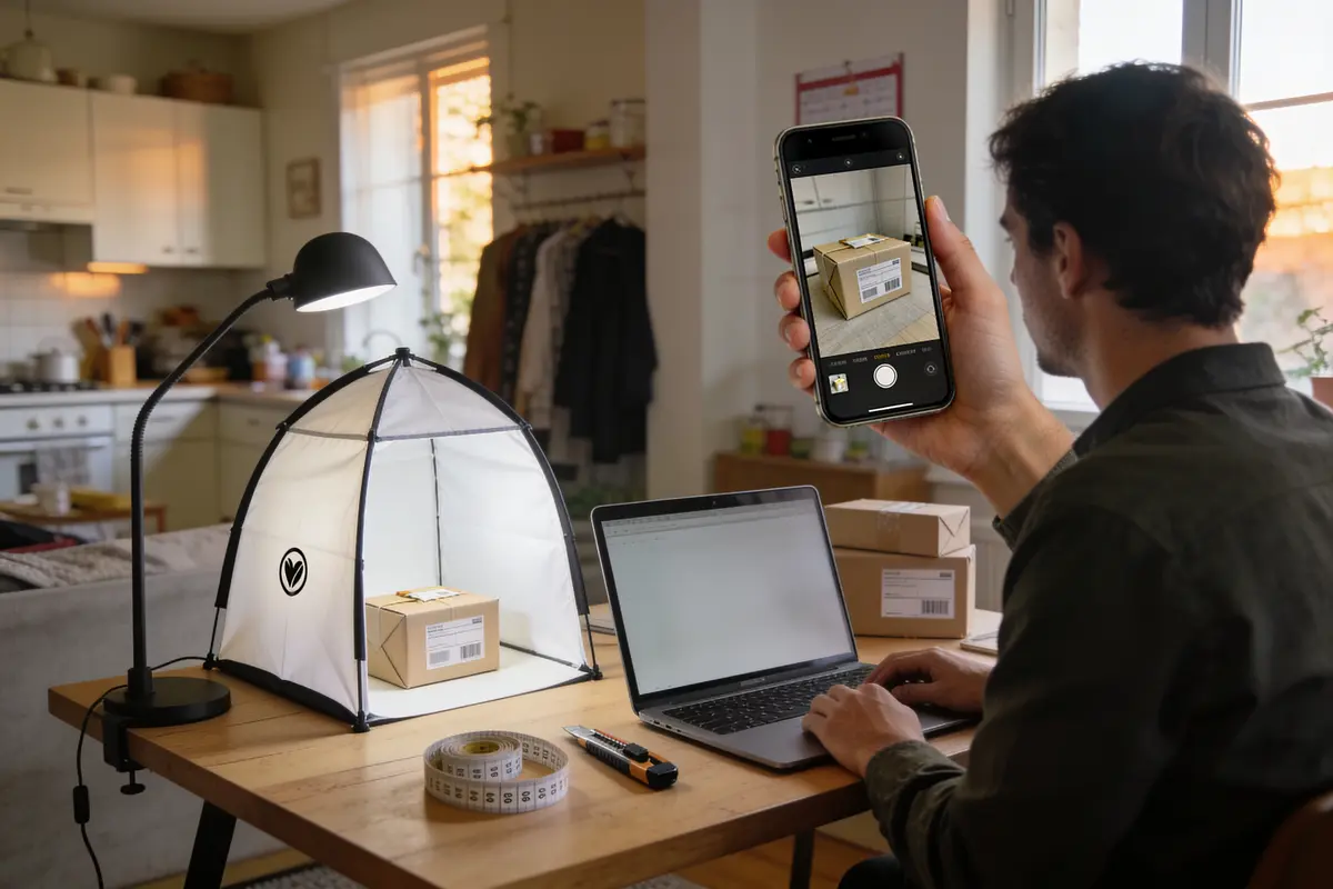 Personne photographiant un colis dans une lightbox avec smartphone, ordinateur portable et outils sur la table.