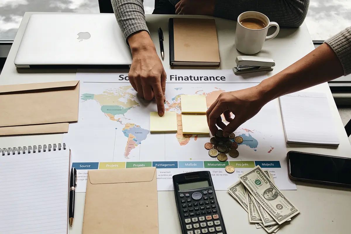 Des personnes planifient un projet financier avec des cartes, post-its, calculatrice, pièces et billets sur une table.