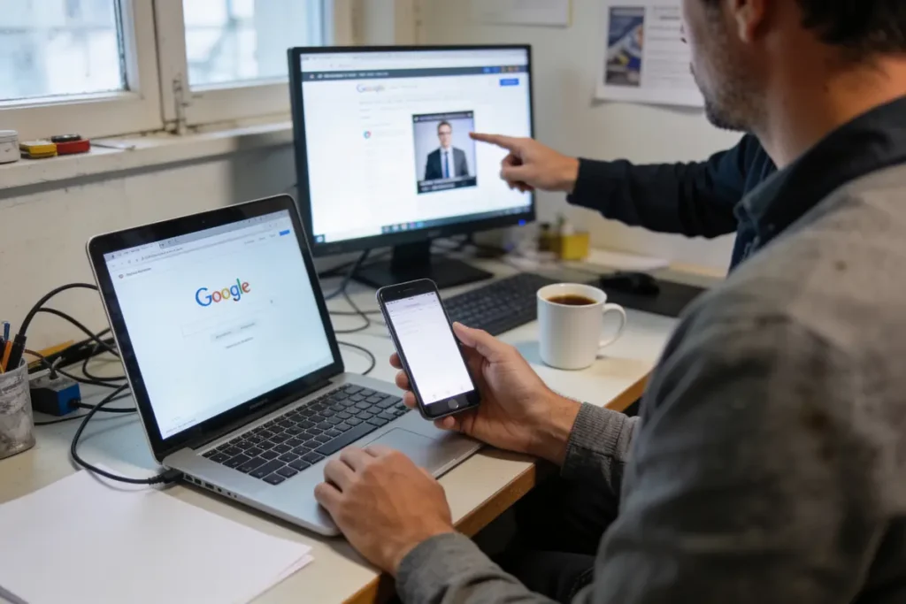 Deux hommes travaillent sur ordinateurs et téléphone, consultant recherches Google, café sur bureau.