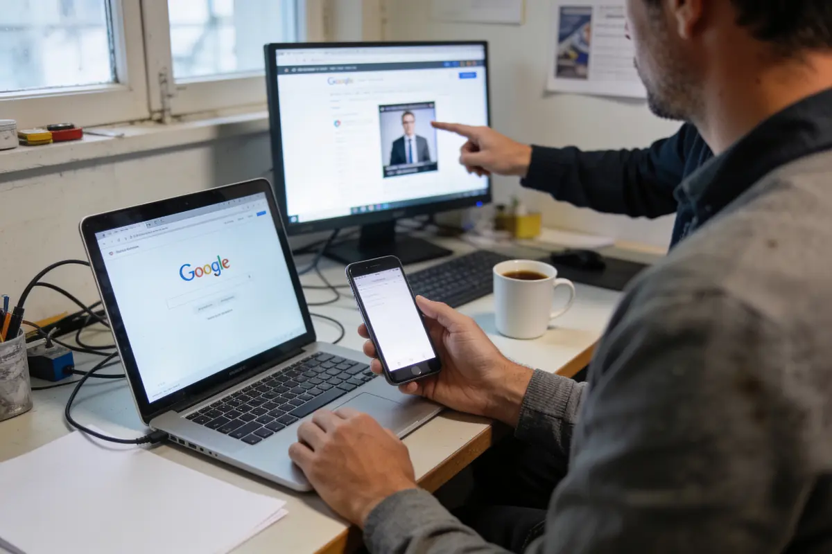 Deux hommes travaillent sur ordinateurs et téléphone, consultant recherches Google, café sur bureau.