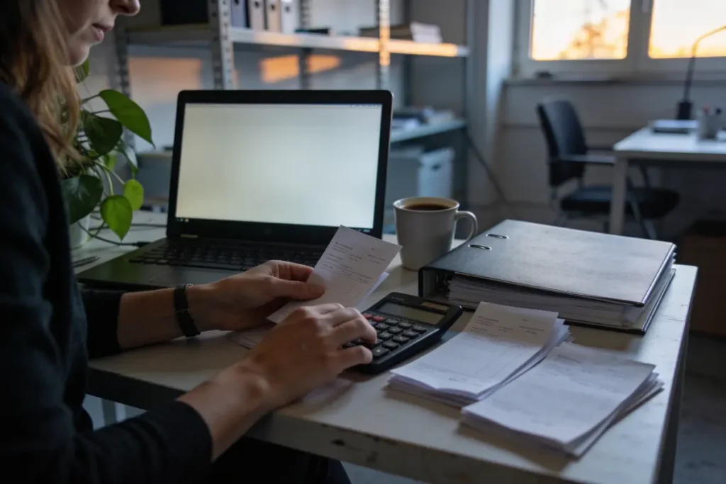 Personne utilisant une calculatrice avec des documents, ordinateur portable, tasse de café et classeur sur bureau.