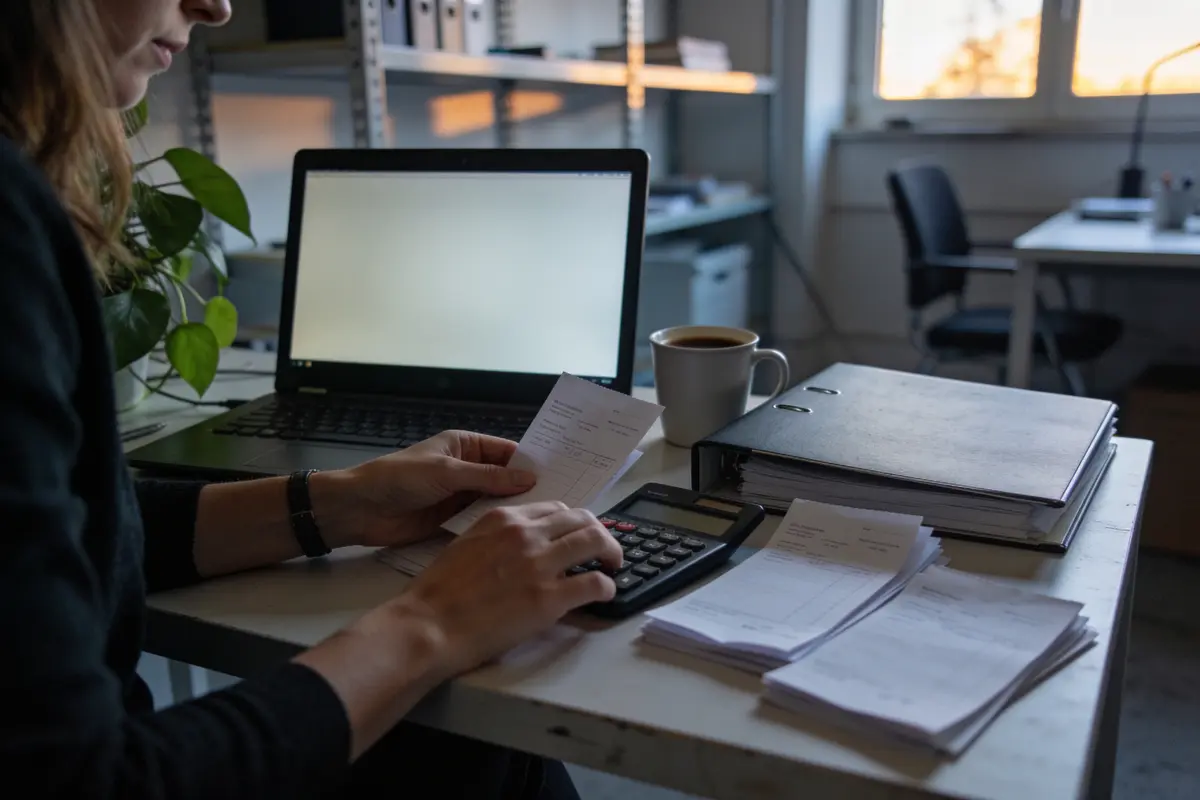 Personne utilisant une calculatrice avec des documents, ordinateur portable, tasse de café et classeur sur bureau.