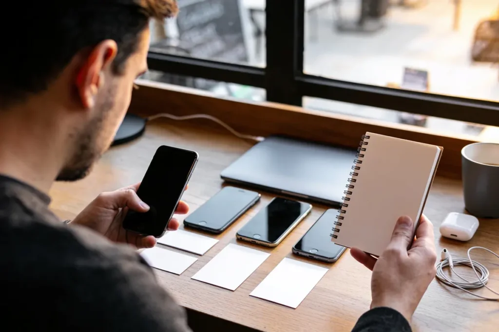 Personne consultant smartphone et carnet, devant plusieurs téléphones alignés sur une table en bois près d'une fenêtre.