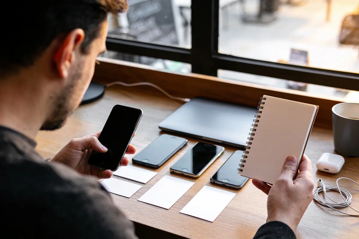 Personne consultant smartphone et carnet, devant plusieurs téléphones alignés sur une table en bois près d'une fenêtre.