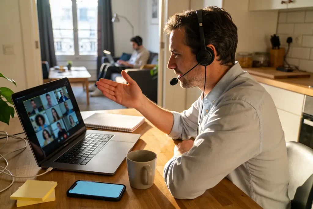 Homme en visioconférence avec casque, ordinateur portable, smartphone et café sur table, personne en arrière-plan.