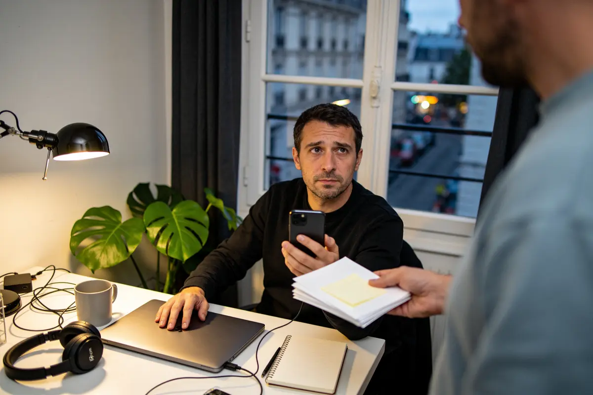 Personne utilisant un smartphone, ordinateur portable et tablette sur un bureau avec écouteurs, horloge, tasse et cahier.