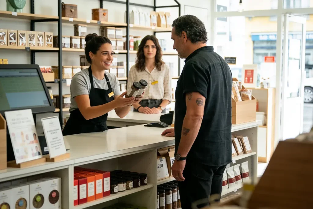 Employée souriante remettant des produits à un client. Arrière-plan avec étagères et produits divers.