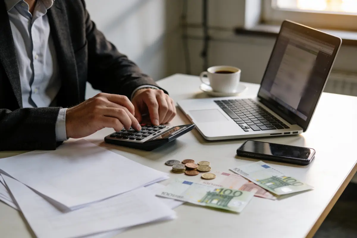 Personne utilisant calculatrice sur bureau avec ordinateur portable, documents, argent en euros, téléphone et tasse de café.