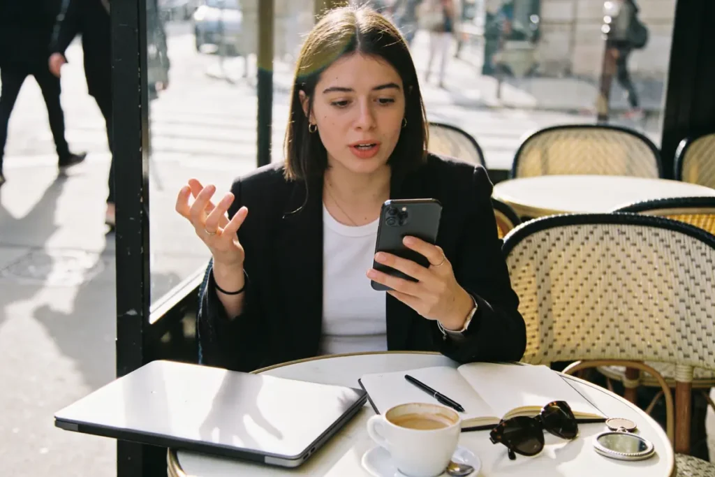 Femme à une terrasse de café, téléphone en main, expressions animées, café, ordinateur portable, carnet ouvert.