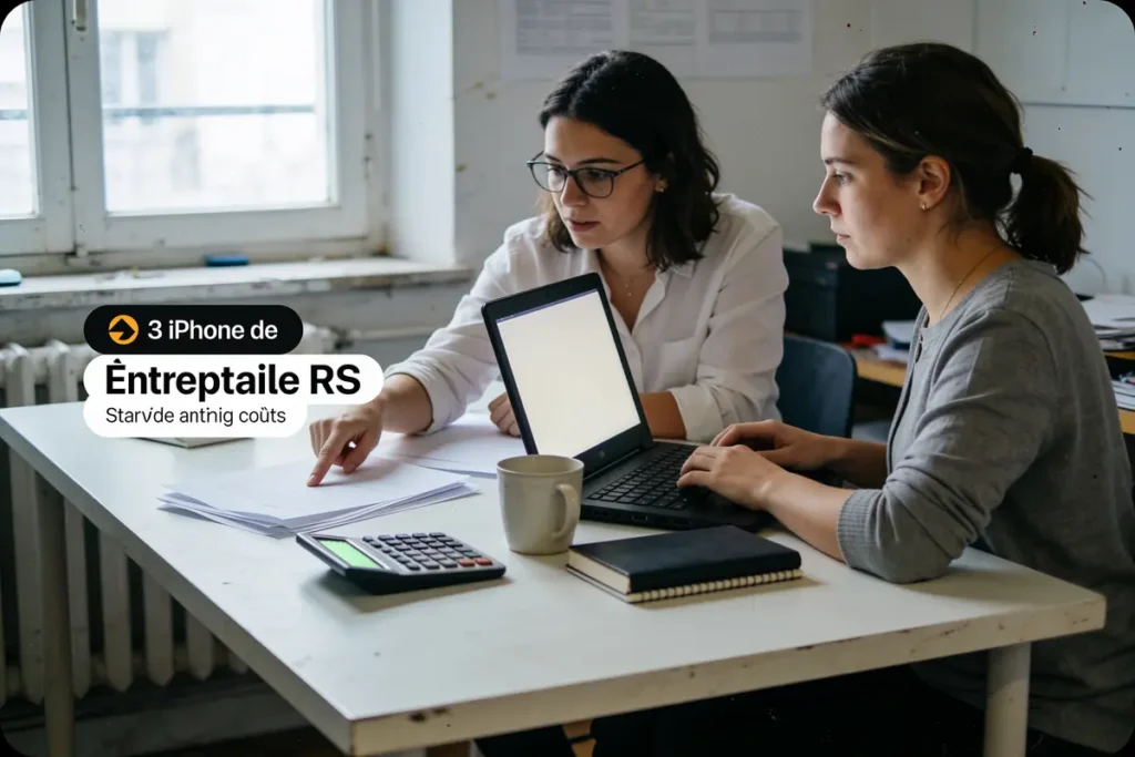 Deux femmes travaillent à un bureau avec ordinateur, calculatrice et documents. Texte sur l'image : promotion iPhone.