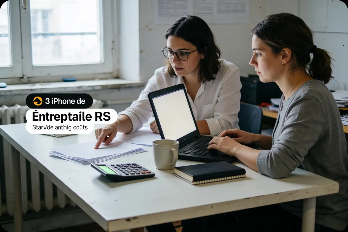 Deux femmes travaillent à un bureau avec ordinateur, calculatrice et documents. Texte sur l'image : promotion iPhone.